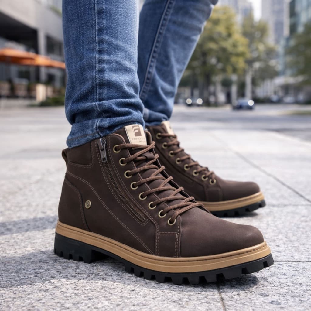 Bota Coturno Com Zíper Muito Confortável,Couro Eco Ferraroni, Solado Tratorado Costurado e Colado