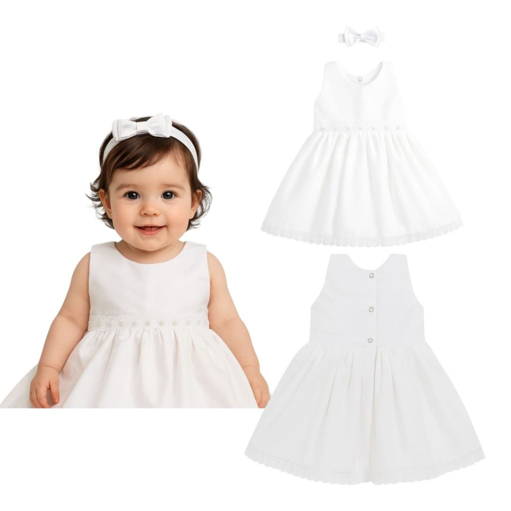 Vestido Para Bebê Festa Batizado com Tiara de Laço Gabi