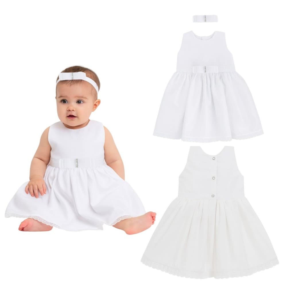 Vestido Para Bebê Festa Batizado com Tiara de Laço Manu