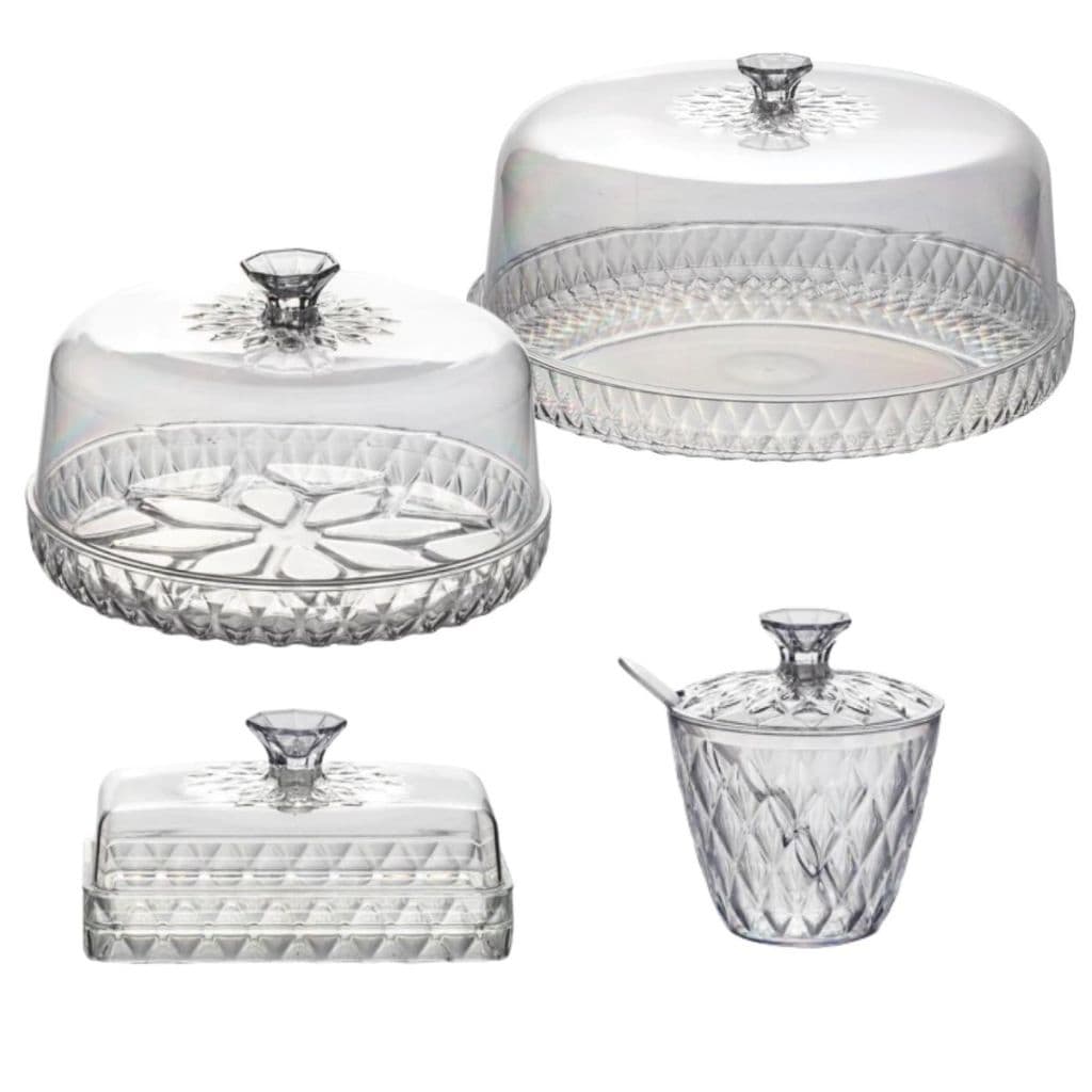 Kit Boleira Baixa Queijeira, Açucareiro e Manteigueira Glamour Acrílico Cristal incolor Mesa Posta