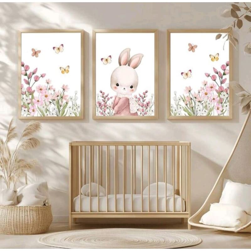 Quadro Decorativo 3 Peças Infantil Quarto Bebé Coelhinha Flores Delicadas