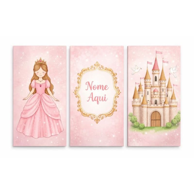 Quadro Decorativo 3 Peças Tema Princesa Personalizado