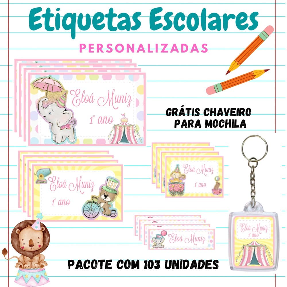 KIT ESCOLAR ETIQUETA PERSONALIZADA CIRCO ROSA -KIT 103 etiquetas 1 chaveiro identificador mochila/KIT ETIQUETA ESCOLAR