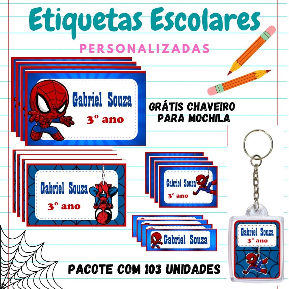 KIT ESCOLAR ETIQUETA PERSONALIZADA HOMEM ARANHÃ-KIT 103 etiquetas 1 chaveiro identificador mochila/KIT ETIQUETA ESCOLAR