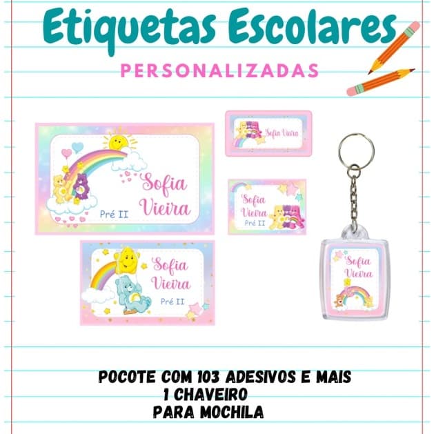 KIT ESCOLAR ETIQUETA PERSONALIZADA URSINHOS CARINHOSOS-KIT 103 etiquetas 1 chaveiro identificador/KIT ETIQUETA ESCOLAR