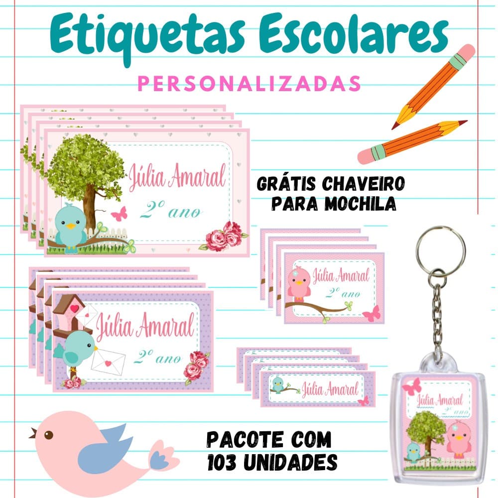 KIT ESCOLAR ETIQUETA PERSONALIZADA JARDIM-KIT 103 etiquetas 1 chaveiro identificador de mochila/KIT ETIQUETA ESCOLAR