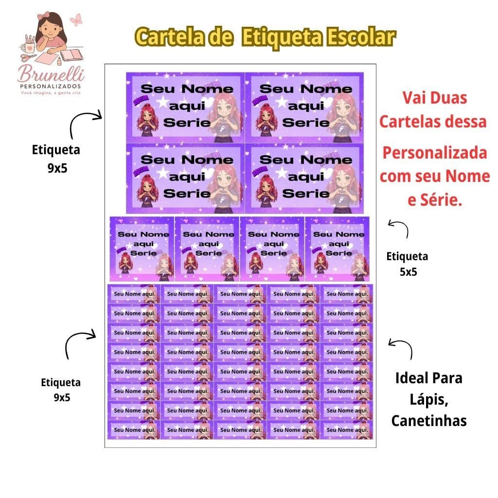 Cartela Etiqueta Escolar Ketellyn Os Rosas Personalizada.