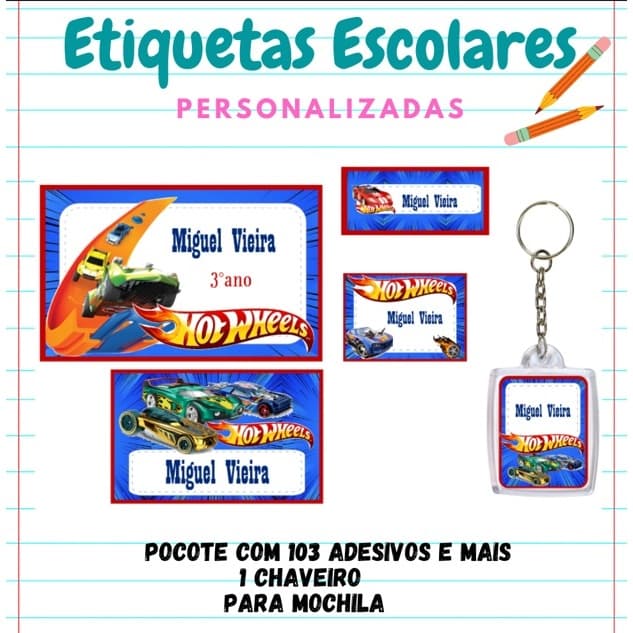KIT ESCOLAR ETIQUETA PERSONALIZADA HOT WHELLS-KIT 103 etiquetas 1 chaveiro identificador de mochila/KIT ETIQUETA ESCOLAR