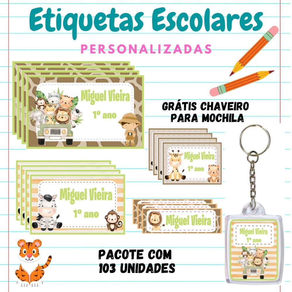 KIT ESCOLAR ETIQUETA PERSONALIZADA SAFARI-KIT 103 etiquetas 1 chaveiro identificador de mochila/KIT ETIQUETA ESCOLAR