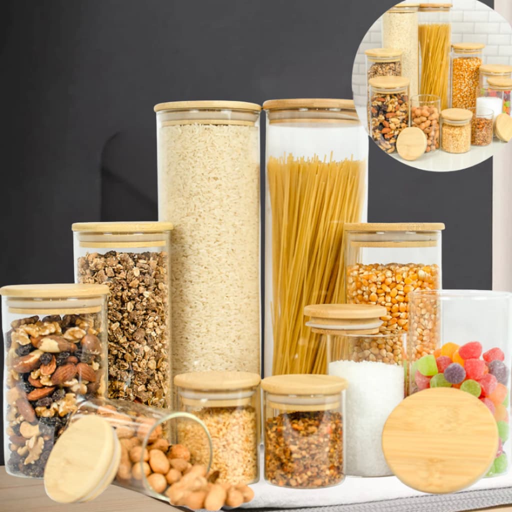 Pote Vidro Recipiente Guarda Armazena Alimento Tampa Bambu Vasilha Arroz Feijão Madeira Premium