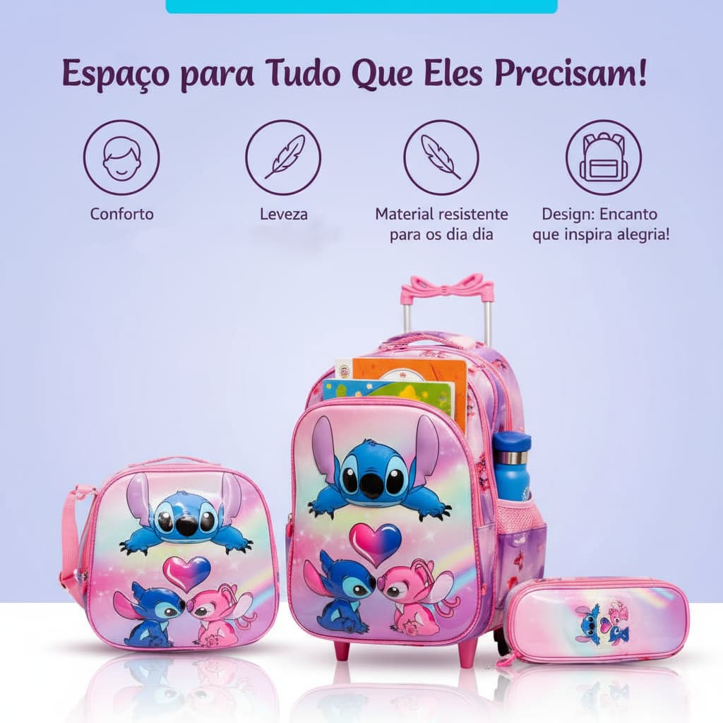 Kit Mochila Escolar Infantil 3 Peças com Rodinhas Volta às Aulas 2025 Leve Resistente e Super Fofa