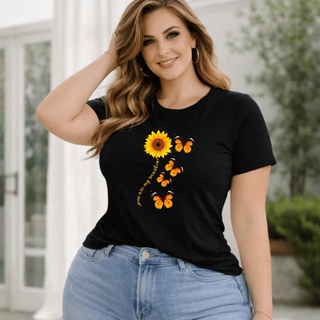 Camiseta Plus Size Premium  Feminina Estampada Do P Ao G5 Girassol Borboletas Academia Treino 100% Algodão Verão