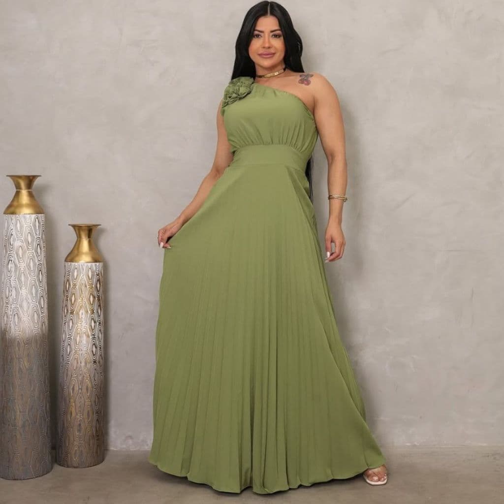 Vestido longo tecido gripinha meia manga com flor TAM M(38-40) G (42-44)