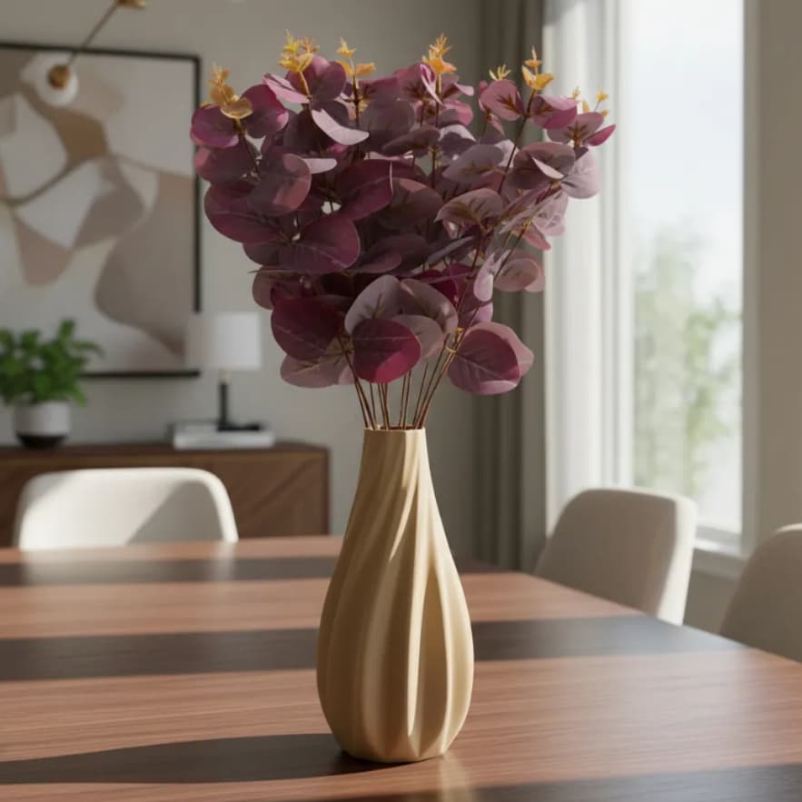 Eucalipto Flor Artificial + Vaso Ondulado 21 cm Sala Mesa Jantar