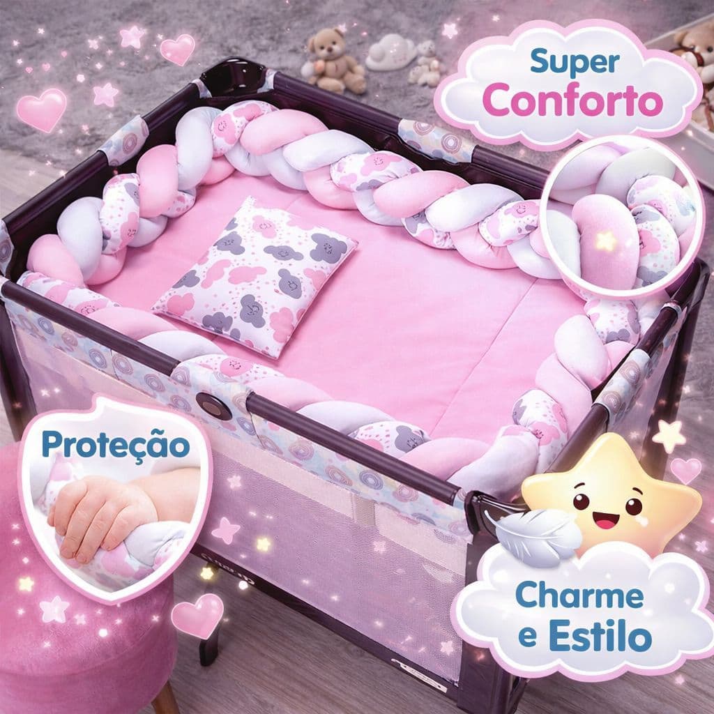 Kit Berço Portátil 5 Peças Trança Para Chiqueirinho Berço Desmontável Bebê 100% Algodão