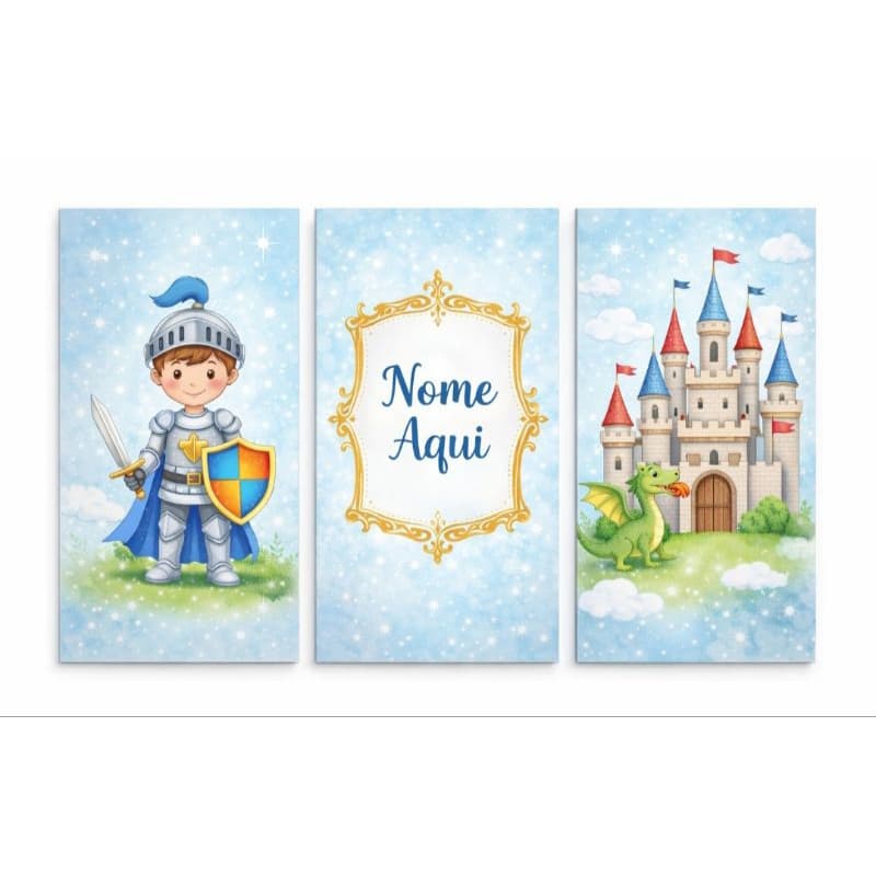 Quadro Decorativo 3 Peças Infantil Tema Príncipe Cavaleiro Personalizado