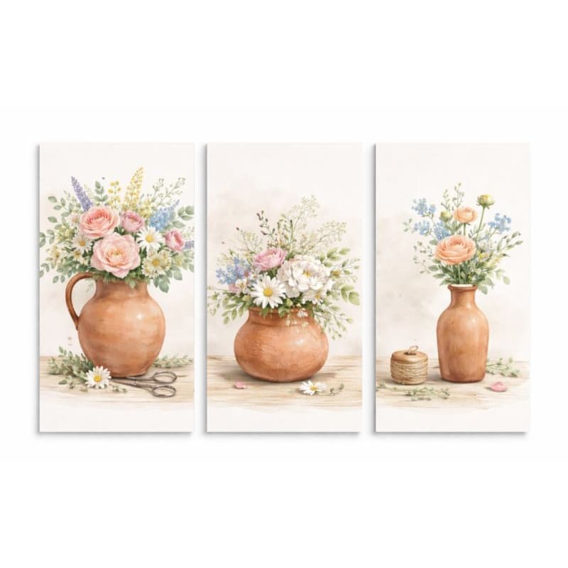 Quadro Decorativo 3 Peças Rústico Flores Vasos De Barro Estilo Aquarela