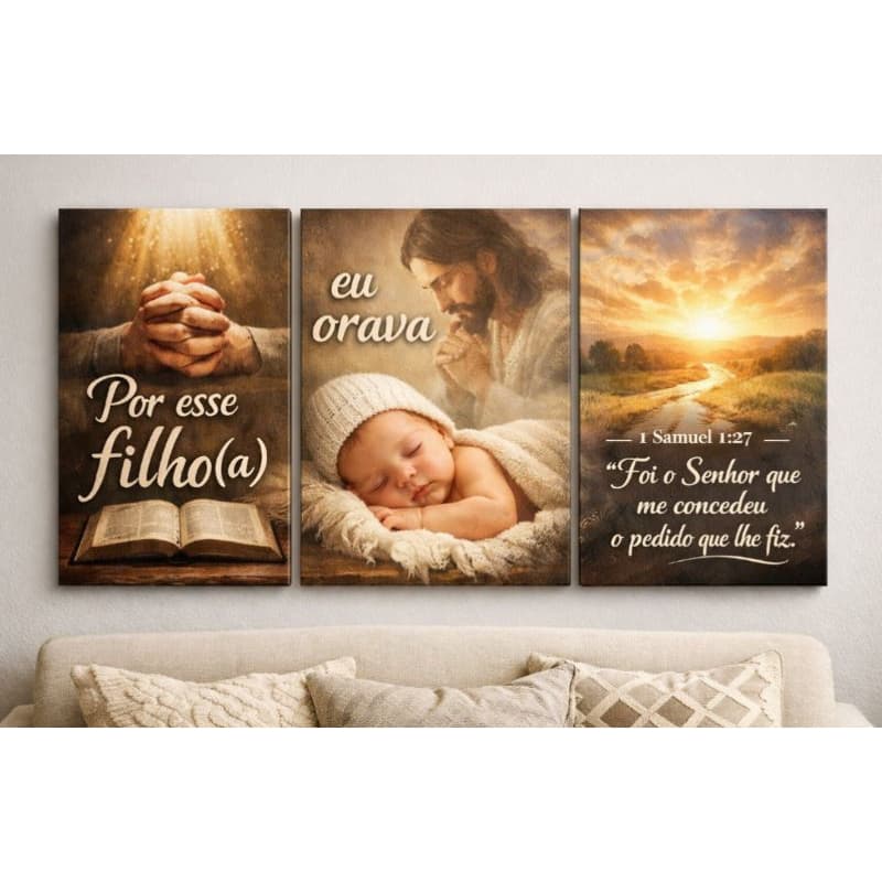 Quadro Decorativo 3 Peças Por Esse Filho (a) Eu Orava Fé Gratidão Pai E Mãe