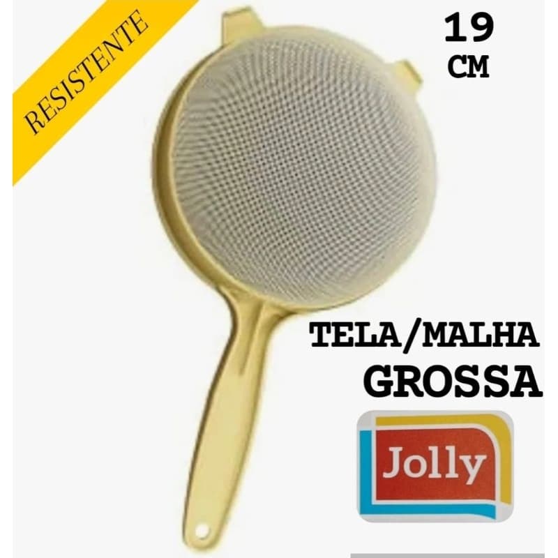 PENEIRA COADOR JOLLY TELA/ MALHA GROSSA  CABO PLÁSTICO PP TELA DE POLIÉSTER  19 CM DIAMETRO