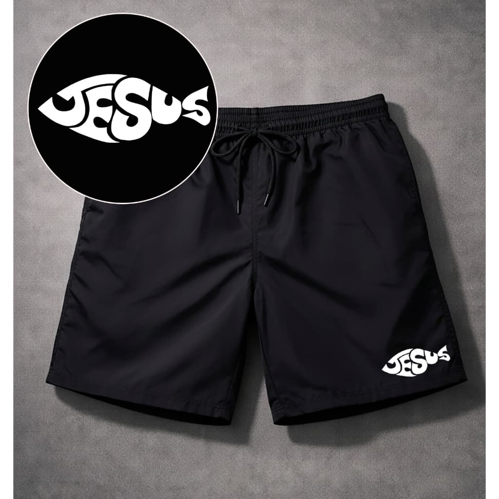 Bermuda Masculina Short Preto Tactel Estampado Jesus Simbolo Peixe Para Academia Futebol Praia