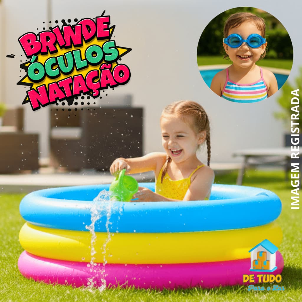Piscina Infantil Criança Inflável 3 Anéis Coloridas 88 Litros + Óculos de Natação (Brinde)