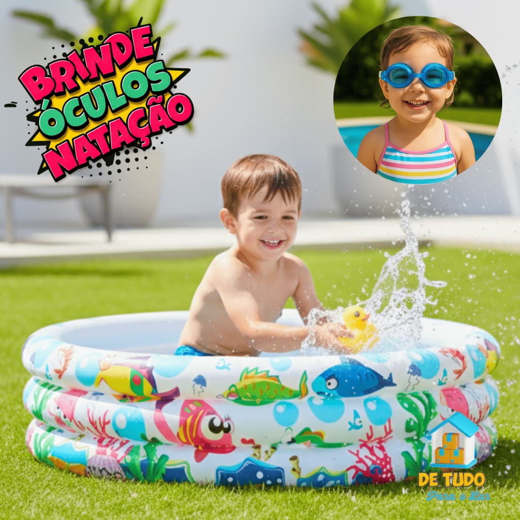 Piscina Infantil Criança Pets Inflável Estampa Fundo Do Mar 3 Anéis 100 Litros + Brinde
