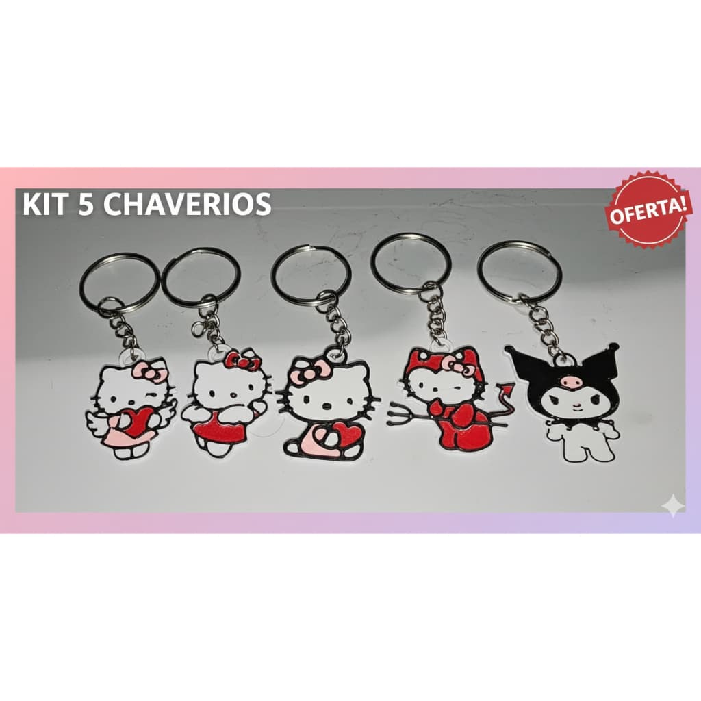 Kit 5 Chaveiros Estilo Personagens Cute Hello – 4cm – Decoração em Termoplástico
