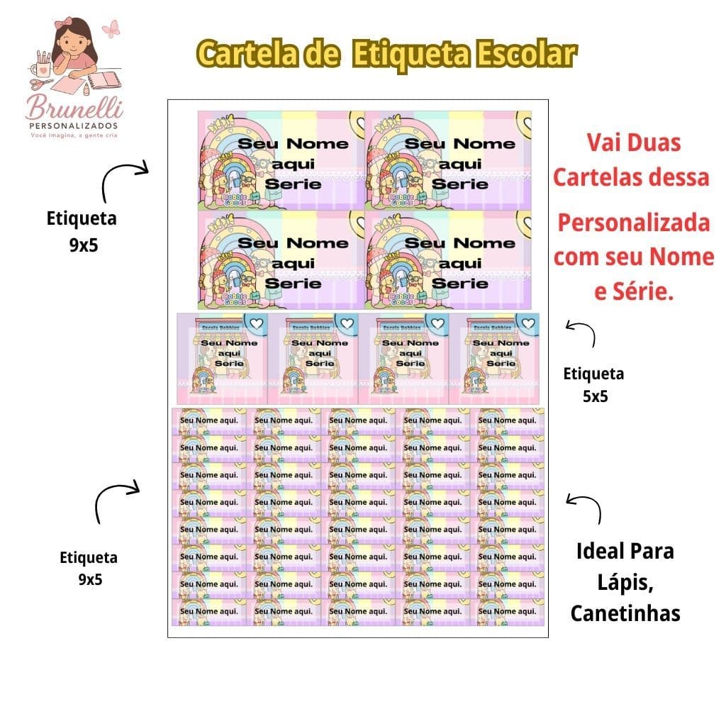 Cartela Etiqueta Escolar Bobi God Personalizado.