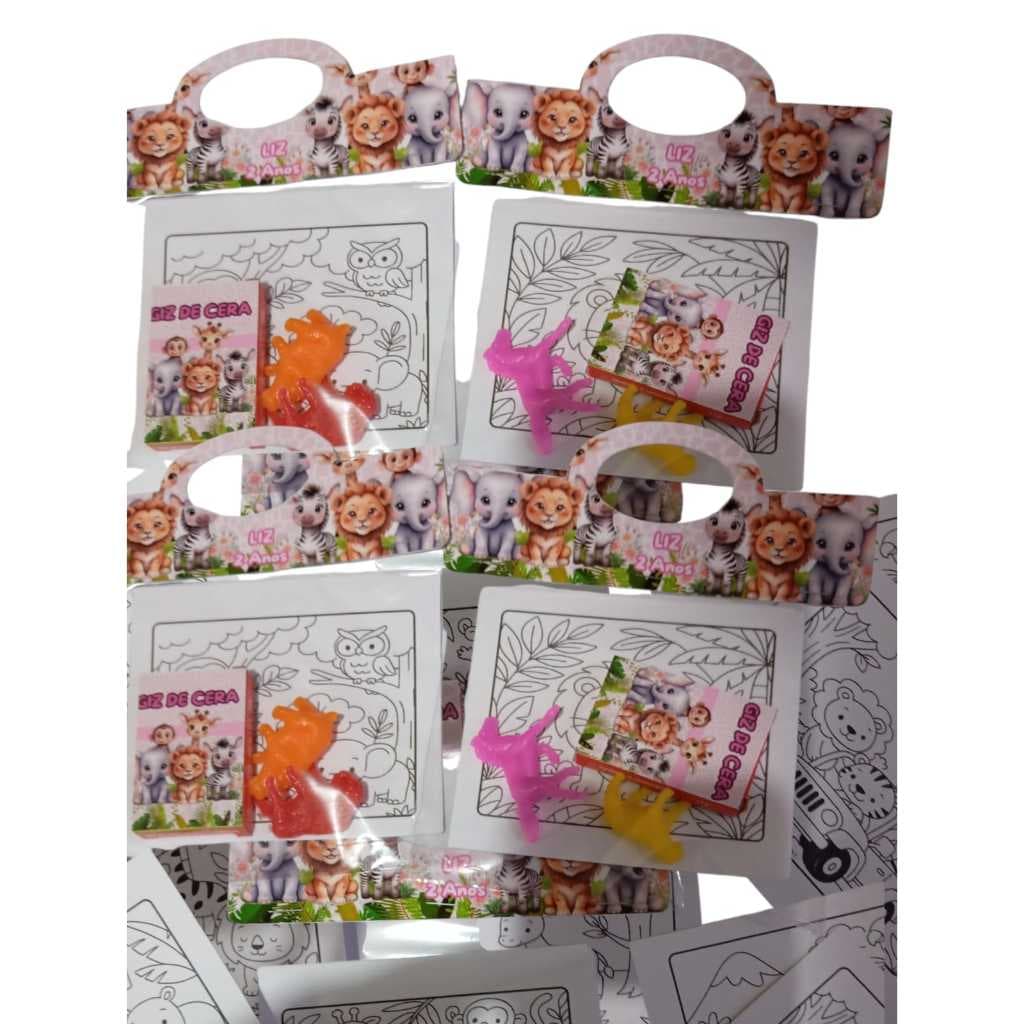 Kit com 5 Cards para colorir + 1 Caixa de Mini Giz de Cera c/5 cores + 2 Brinquedos Animais - SAFARI ROSA - Lembrancinha