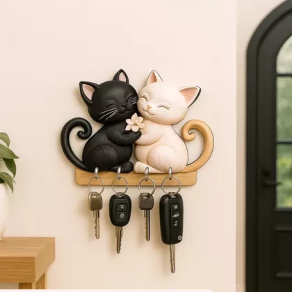 Porta-chaves Decorativo de Parede 2D com Efeito 3D - Gatinhos Casal Preto Branco Pets Gateiros Gato