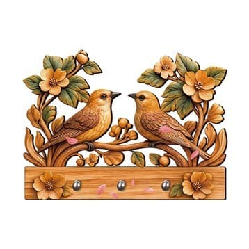 Porta-chaves Decorativo de Parede 2D com Efeito 3D - Casal Passarinhos Flores Utilidades Para Casa