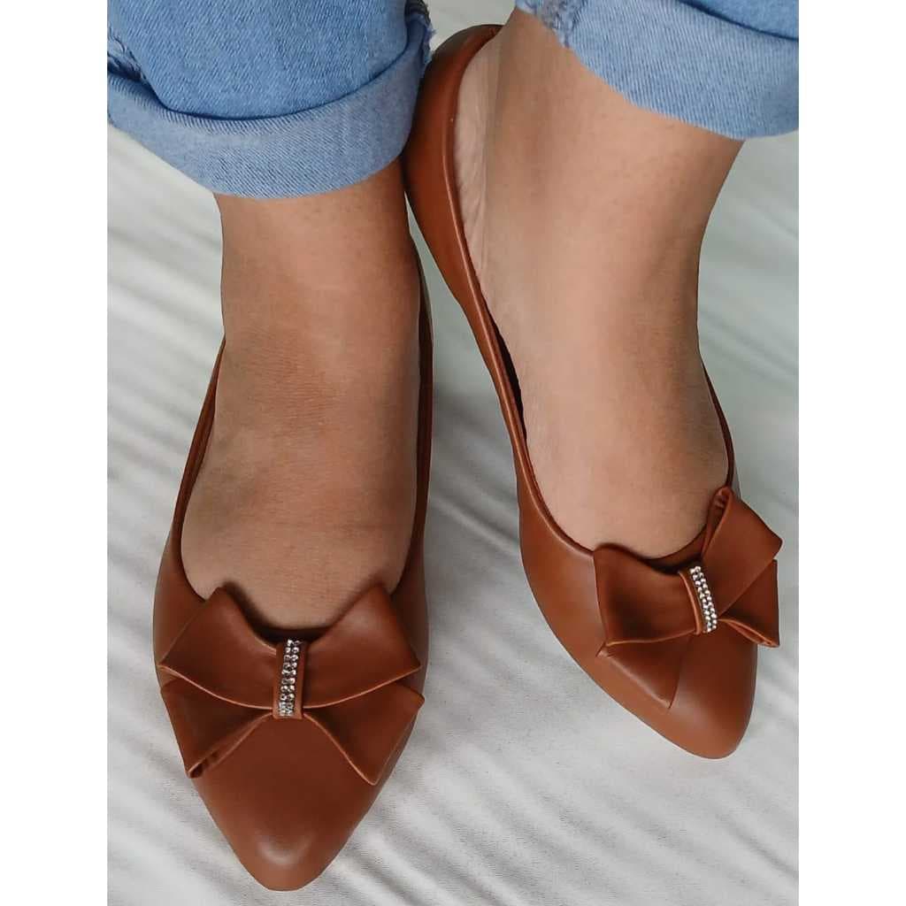 Sapatilha Feminina marron caramelo laço bico moda casual confortável verão antiderrapante dia a dia