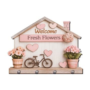 Porta-chaves Decorativo Parede 2D com Efeito 3D - Casinha Bem-vindo Romântico Rosa Bicicleta Welcome