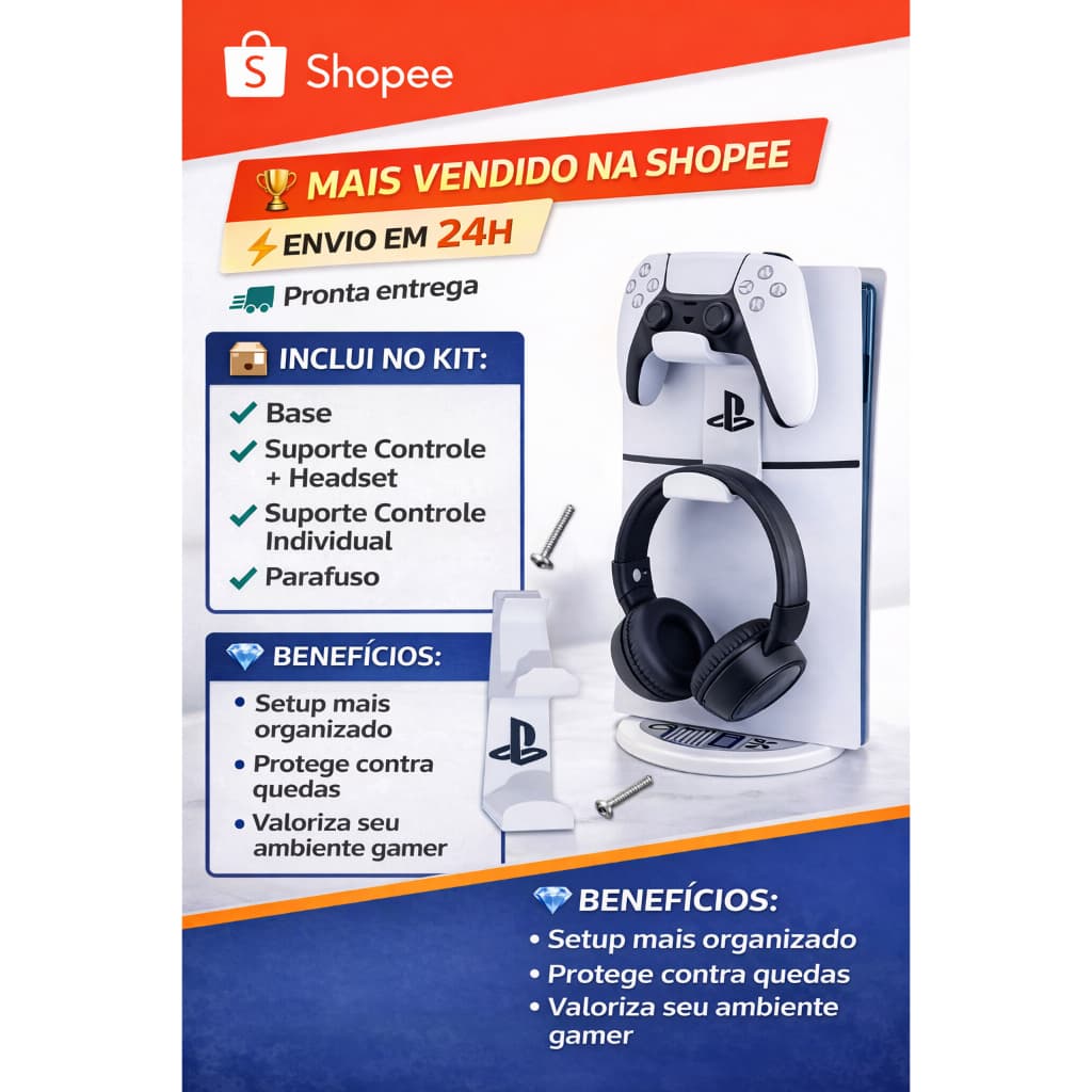 Suporte PS5 Parede Kit Completo com Suporte de Controle+Headset | Organizador Gamer com Envio em 24H