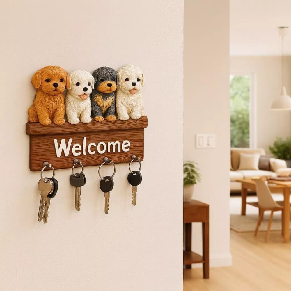 Porta-chaves Decorativo de Parede 2D com Efeito 3D - Bem-Vindo Cachorrinhos Welcome Cachorro Pet