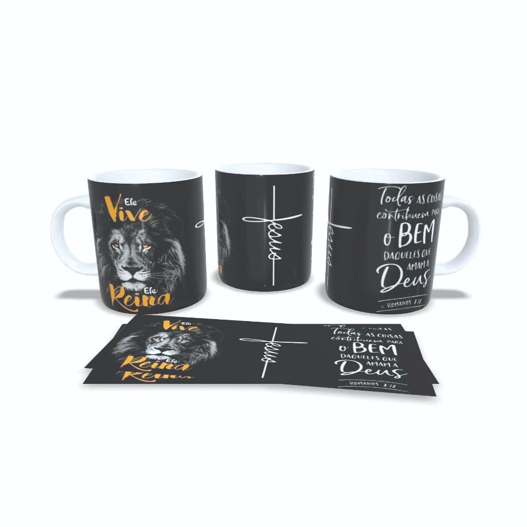 Caneca Cerâmica Personalizada Ele Vive, Ele Reina Evangélica Leão de Judá Jesus Cristo