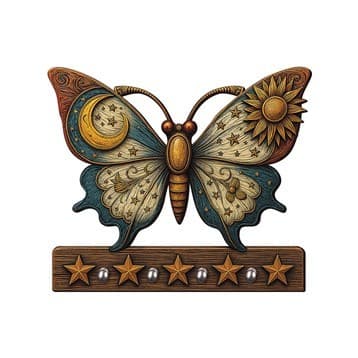 Porta-chaves Decorativo de Parede 2D com Efeito 3D - Borboleta Místico Sol Lua Estrelas Esotérico