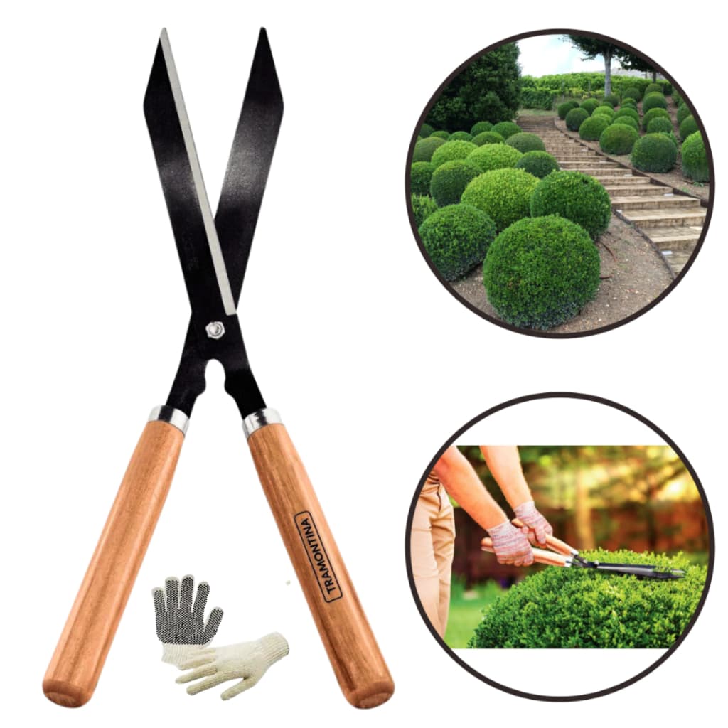 Tesoura Tesourão Poda Podar Cortar Cerva Viva Grama Original Tramontina Cabo Madeira Jardim Jardinagem Lâmina Aço + Luva