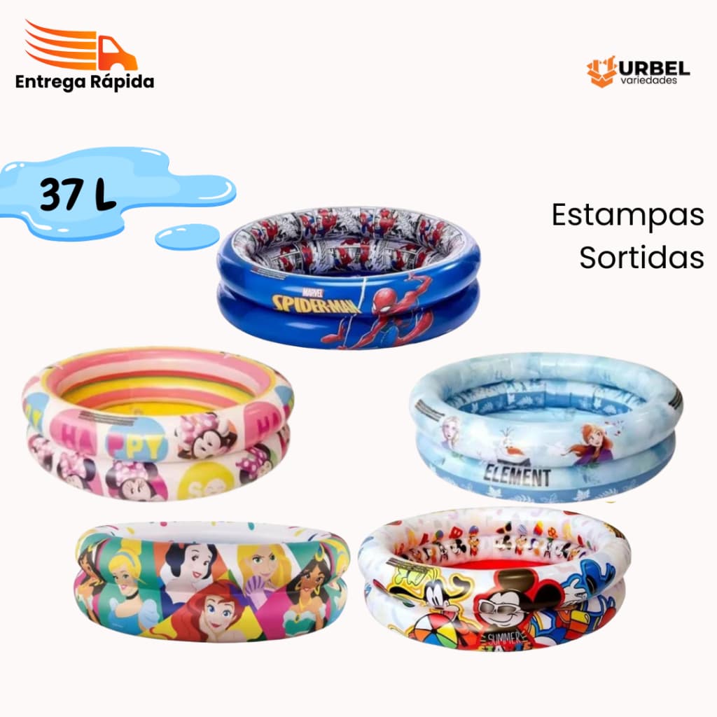 Piscina Infantil Inflável 37L Disney Mickey Minnie Princesas Homem Aranha Praia Piscina Agua Bolinha