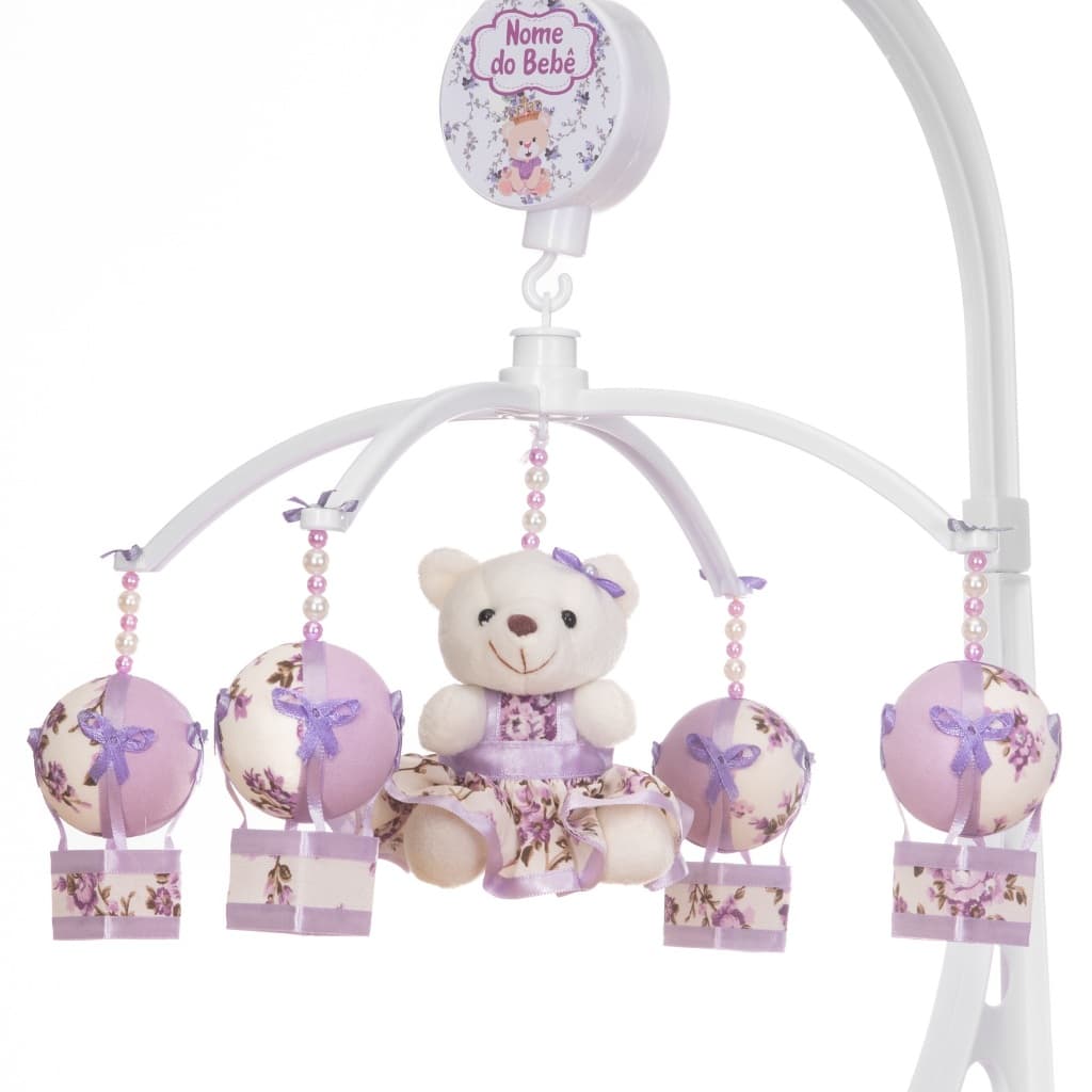 Mobile Para Berço Musical Giratório Ursa Floral Balão Lilás