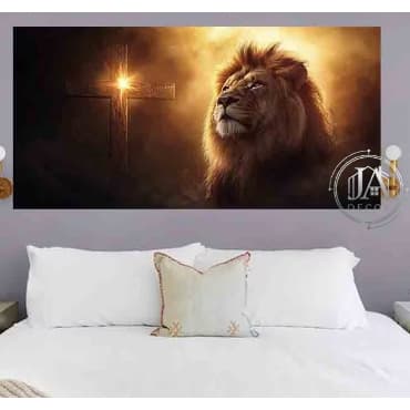 Quadro Decorativo Majestoso Leão Luz Sagrada Cruz Decoração Religiosa