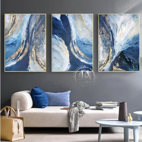 Quadro Decorativo Abstrato Luxo Azul Marinho e Dourado Triptico