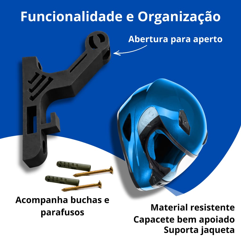Suporte de Parede para Capacete com Gancho Porta-Chaves | Acompanha Buchas e Parafusos