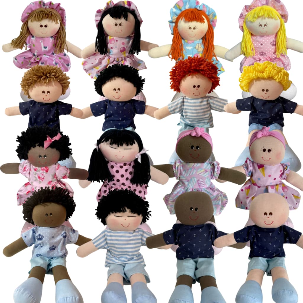 Boneca de Pano Artesanal com Vestido 30 cm Bonequinha Infantil Menino Menina Antialérgica