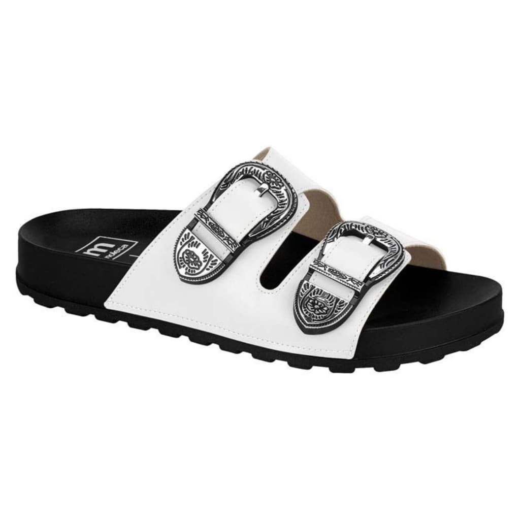 Sandalia Moleca Feminina Slide Preta Branco Com Fivelas Com Nota Branco Liso  Chinelo Papete