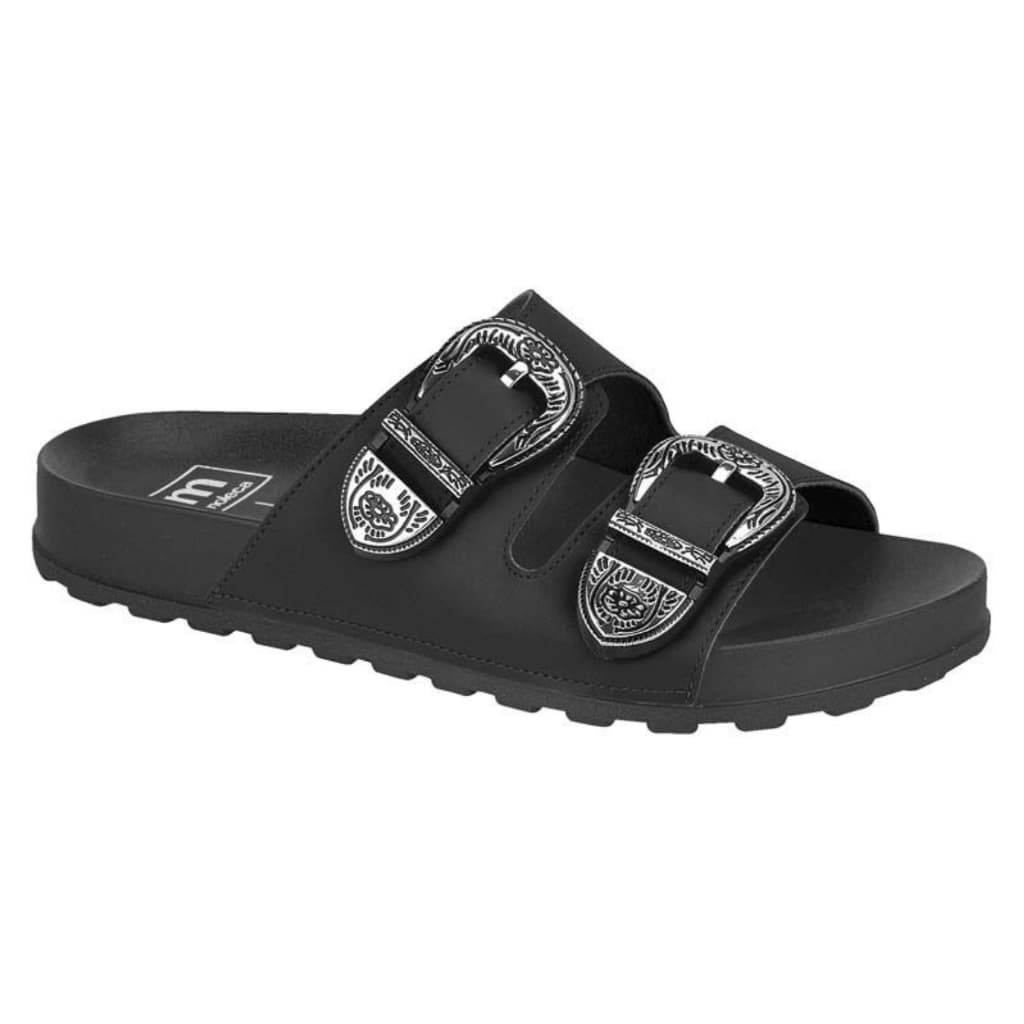 Sandalia Moleca Feminina Slide Preta Com Fivelas Co Nota Preto Liso  Moderna Moda Blogueira Original