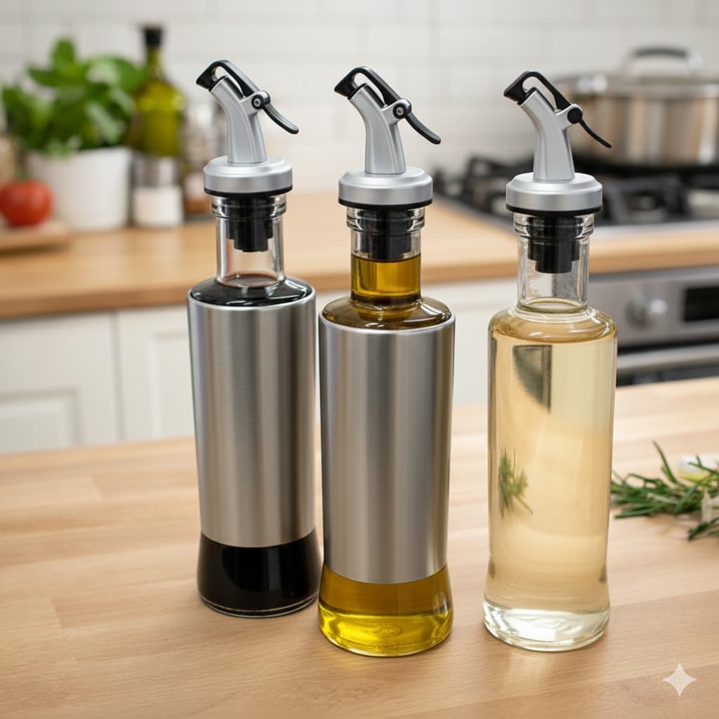 Kit 1/2/3 Galheteiros Dosador Azeite Vinagre Cozinha Vidro Inox Moderno Durável Prático 300ml