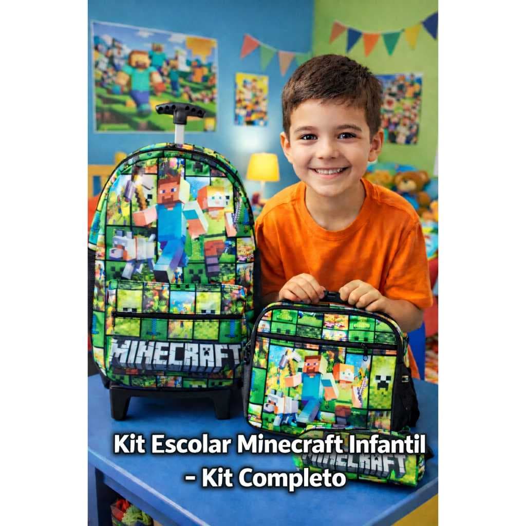 Kit Mochila Escolar Minecraft  Com Lancheira Térmica + Estojo Volta as aulas