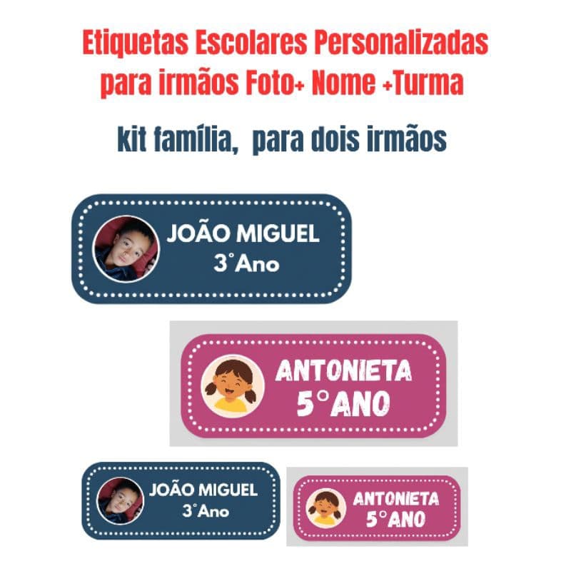 Kit Etiquetas Escolares Personalizadas para Irmãos | Foto + Nome + Turma | Família