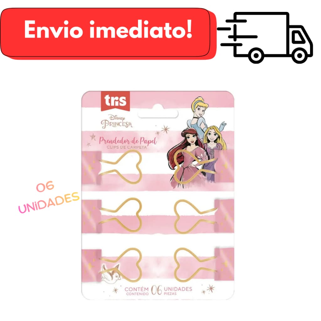 Prendedor de Papel Coração Dourado – Princesas – Cartela com 6 Un